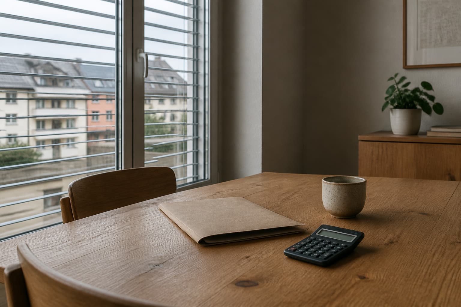 Ruhiger Arbeitsplatz mit Unterlagen und Blick auf ein Wohnquartier