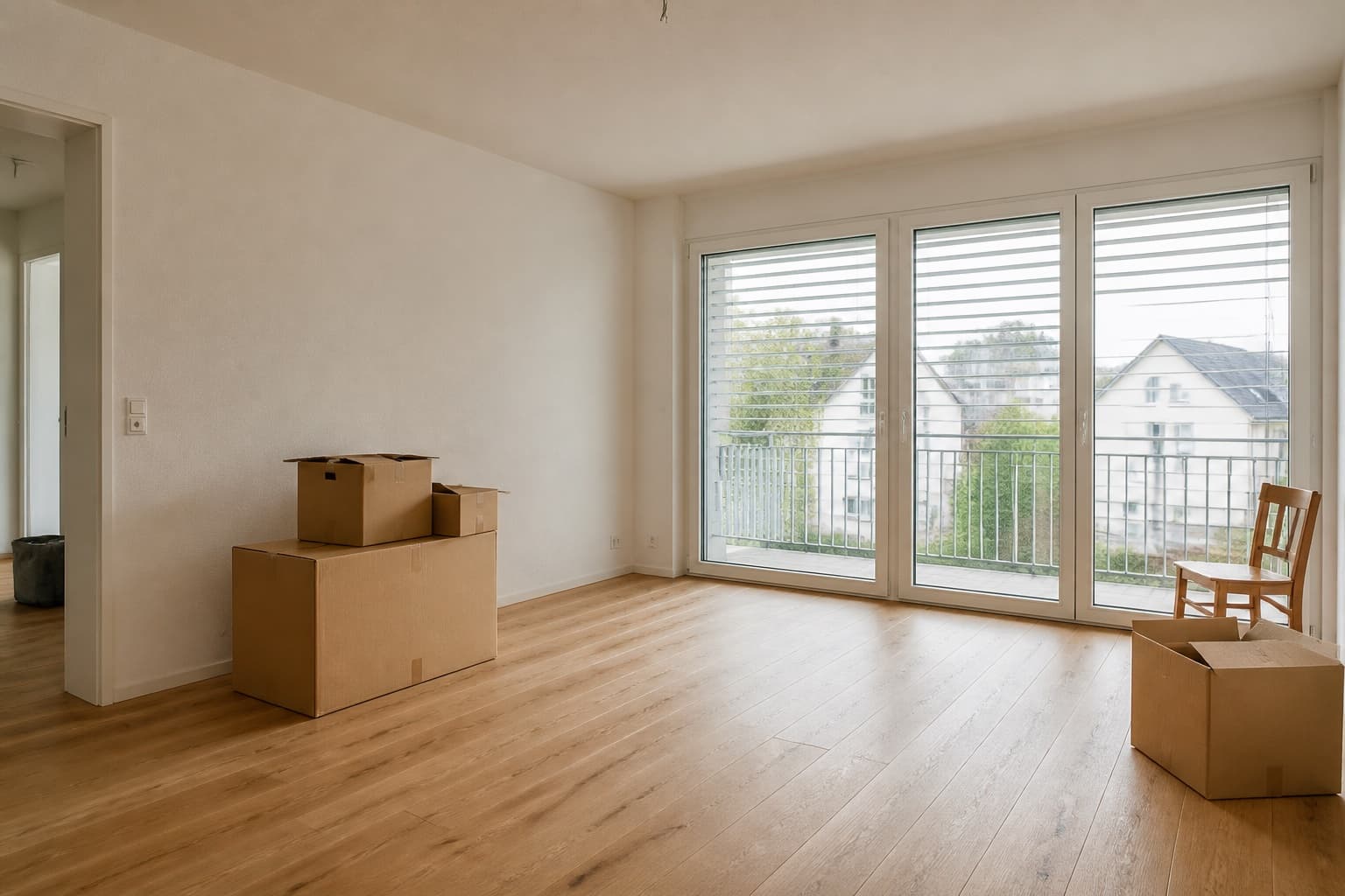 Helle Wohnung mit Umzugskartons vor dem Einzug
