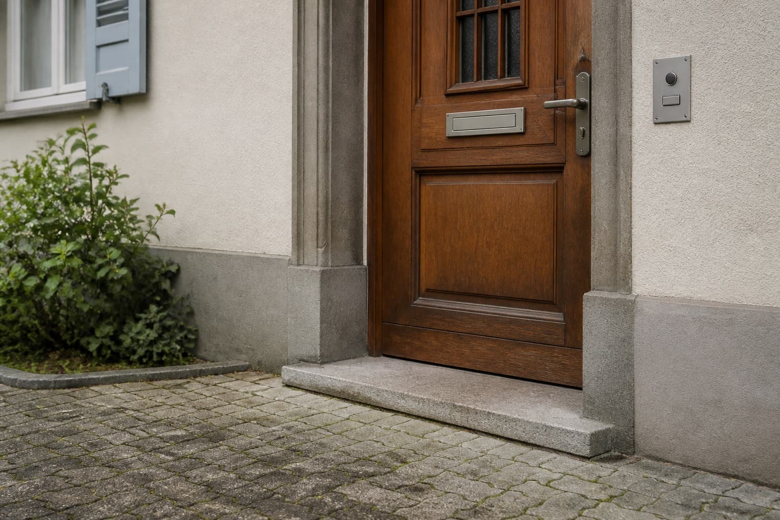 Eingangsbereich eines Schweizer Wohnhauses mit Holztür und Naturstein